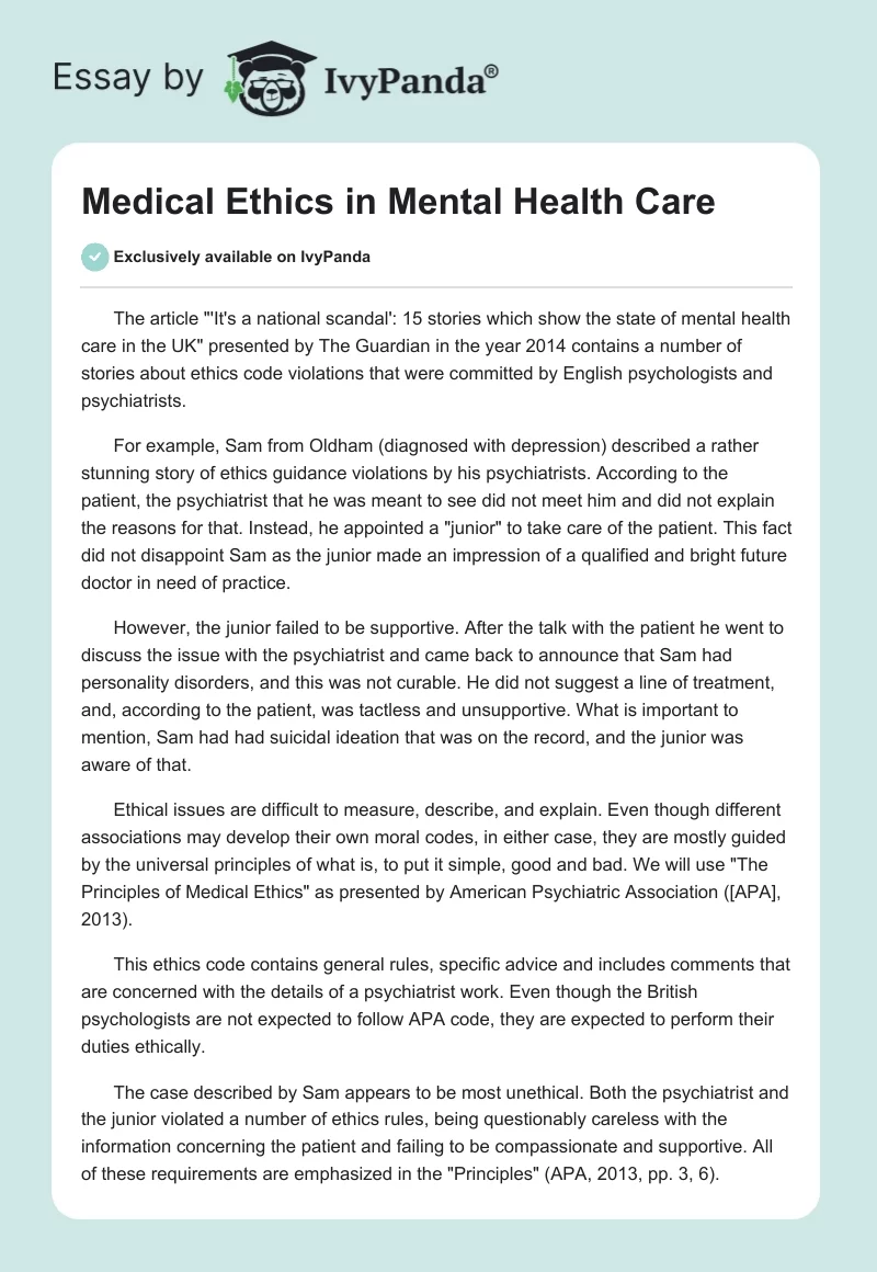 Medical Ethics in Mental Health Care. Page 1