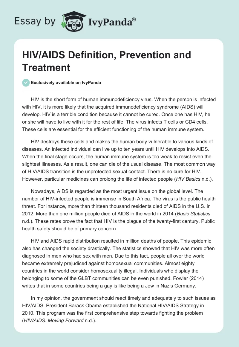 HIV/AIDS Definition, Prevention and Treatment. Page 1