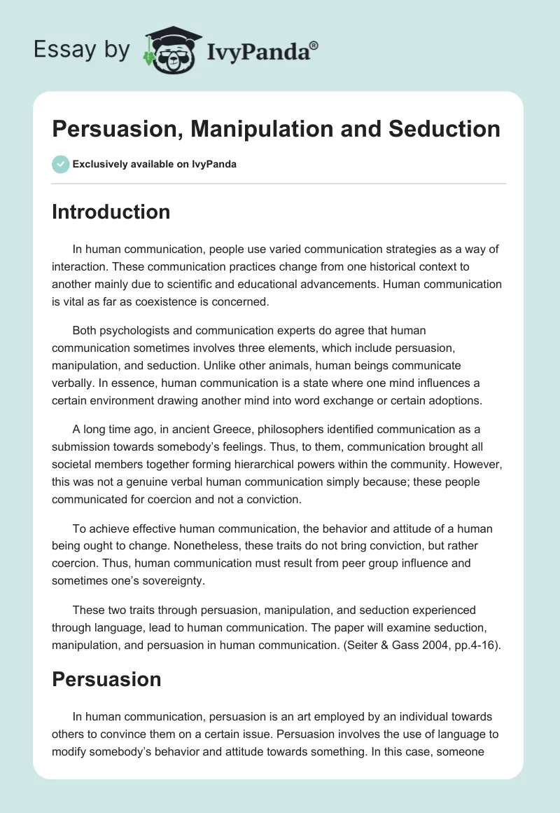 Persuasion, Manipulation and Seduction. Page 1