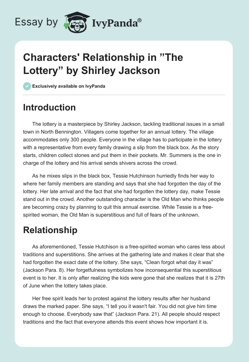 Characters' Relationship in ”The Lottery” by Shirley Jackson. Page 1