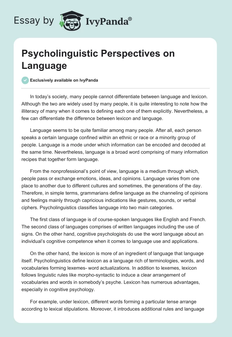 Psycholinguistic Perspectives on Language. Page 1