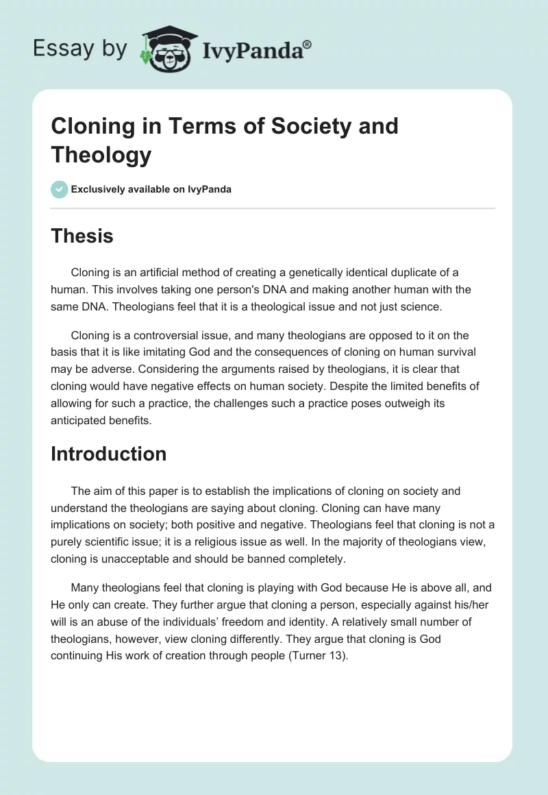 Cloning in Terms of Society and Theology. Page 1