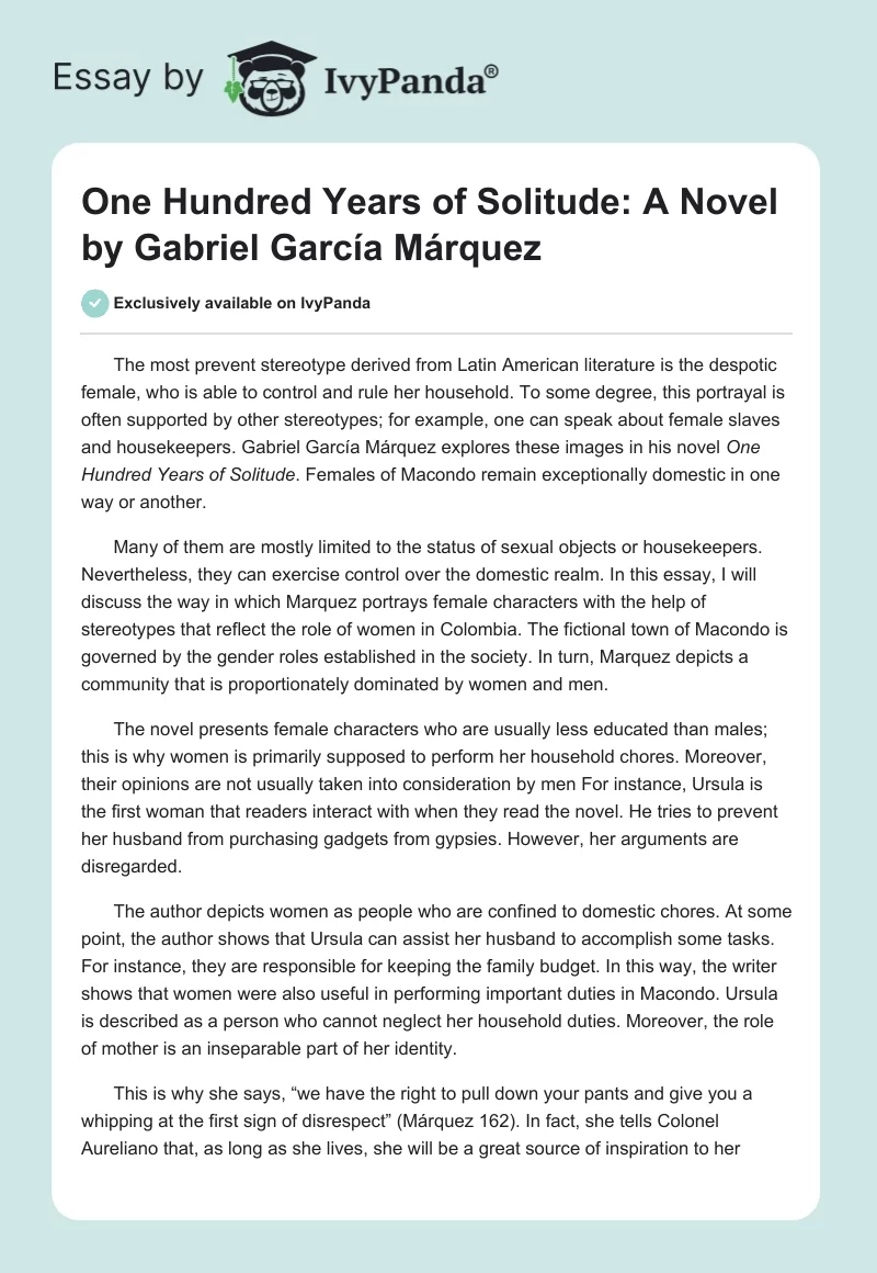 "One Hundred Years of Solitude": A Novel by Gabriel García Márquez. Page 1