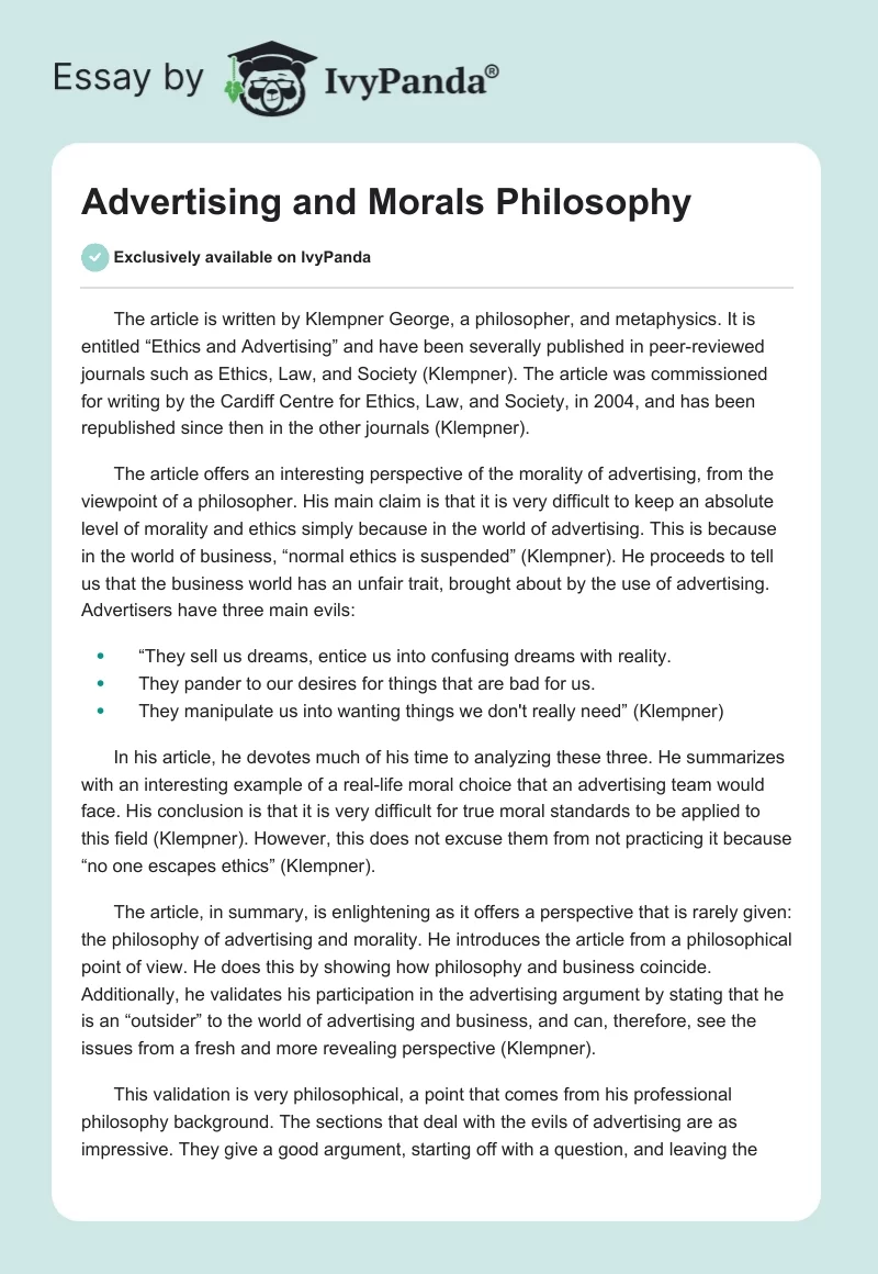 Advertising and Morals Philosophy. Page 1