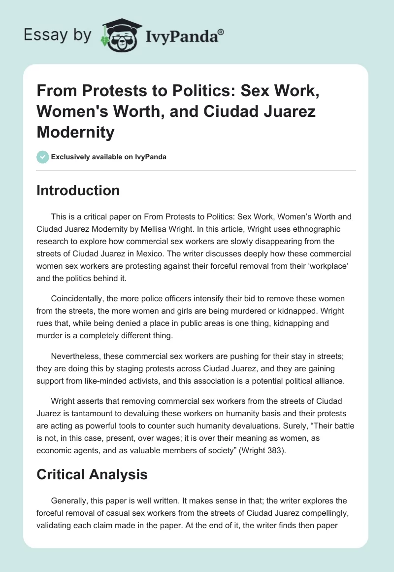 From Protests to Politics: Sex Work, Women's Worth, and Ciudad Juarez Modernity. Page 1
