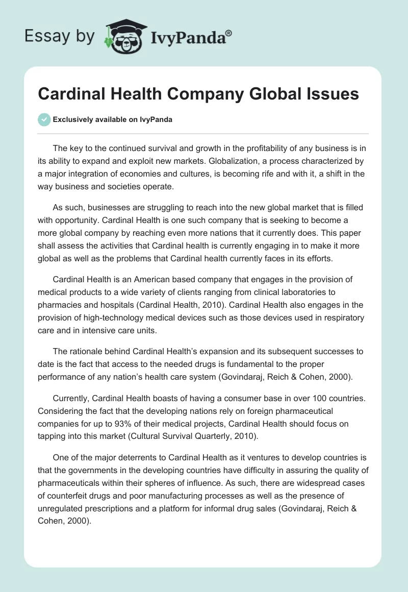 Cardinal Health Company Global Issues. Page 1