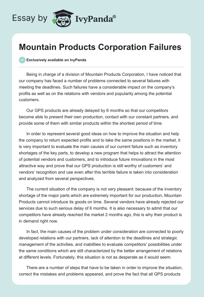 Mountain Products Corporation Failures. Page 1