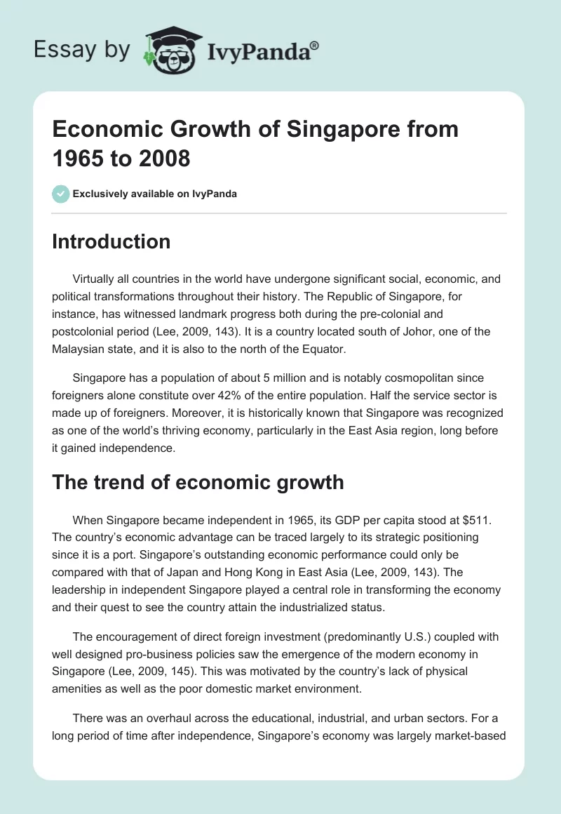 Economic Growth of Singapore from 1965 to 2008. Page 1