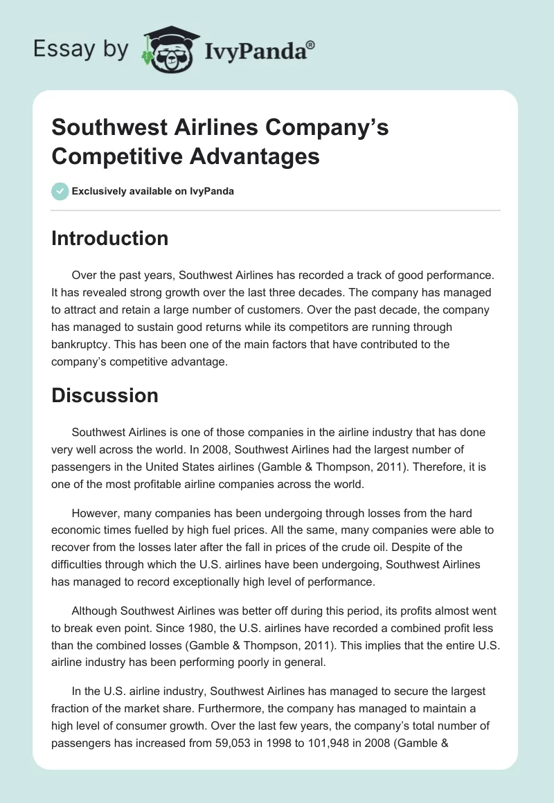 Southwest Airlines Company’s Competitive Advantages. Page 1