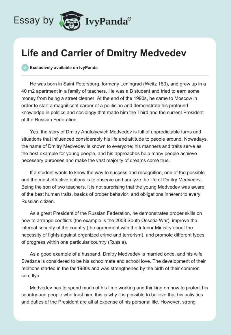 Life and Carrier of Dmitry Medvedev. Page 1