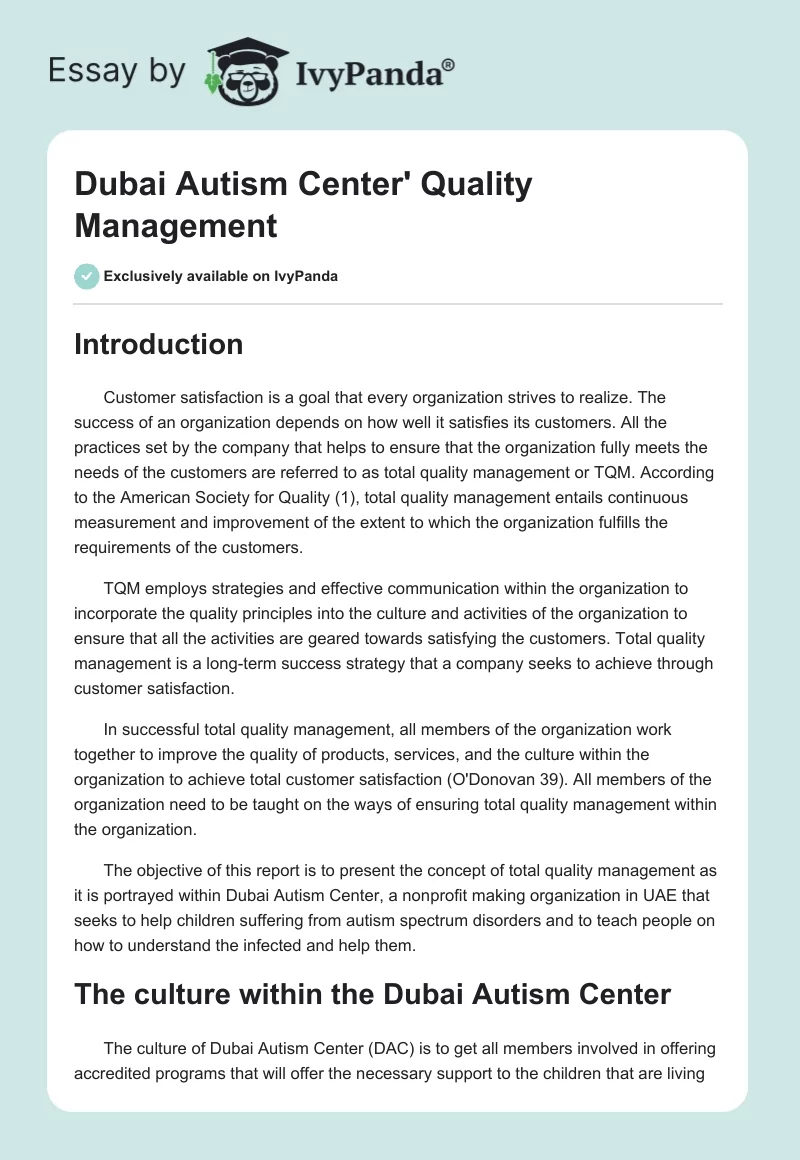 Dubai Autism Center' Quality Management. Page 1