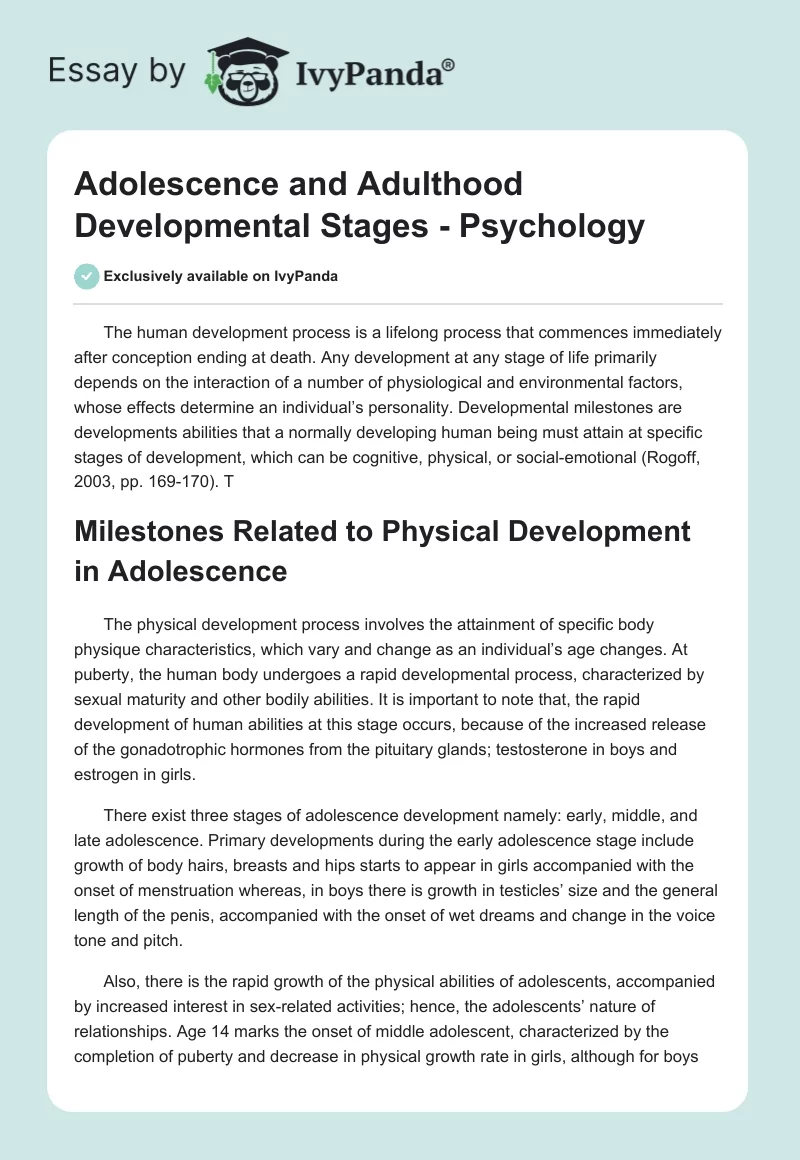 Adolescence and Adulthood Developmental Stages - Psychology. Page 1