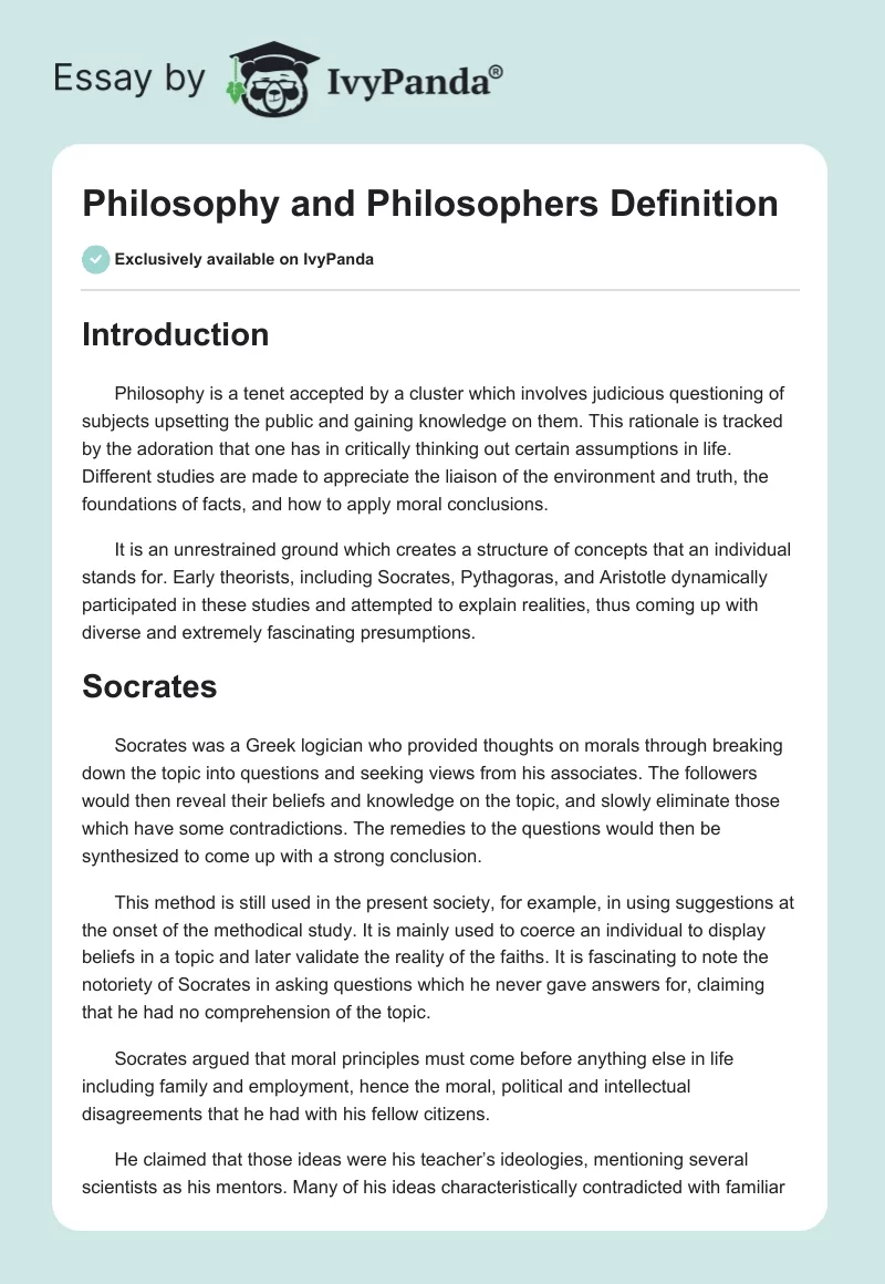 Philosophy and Philosophers Definition. Page 1