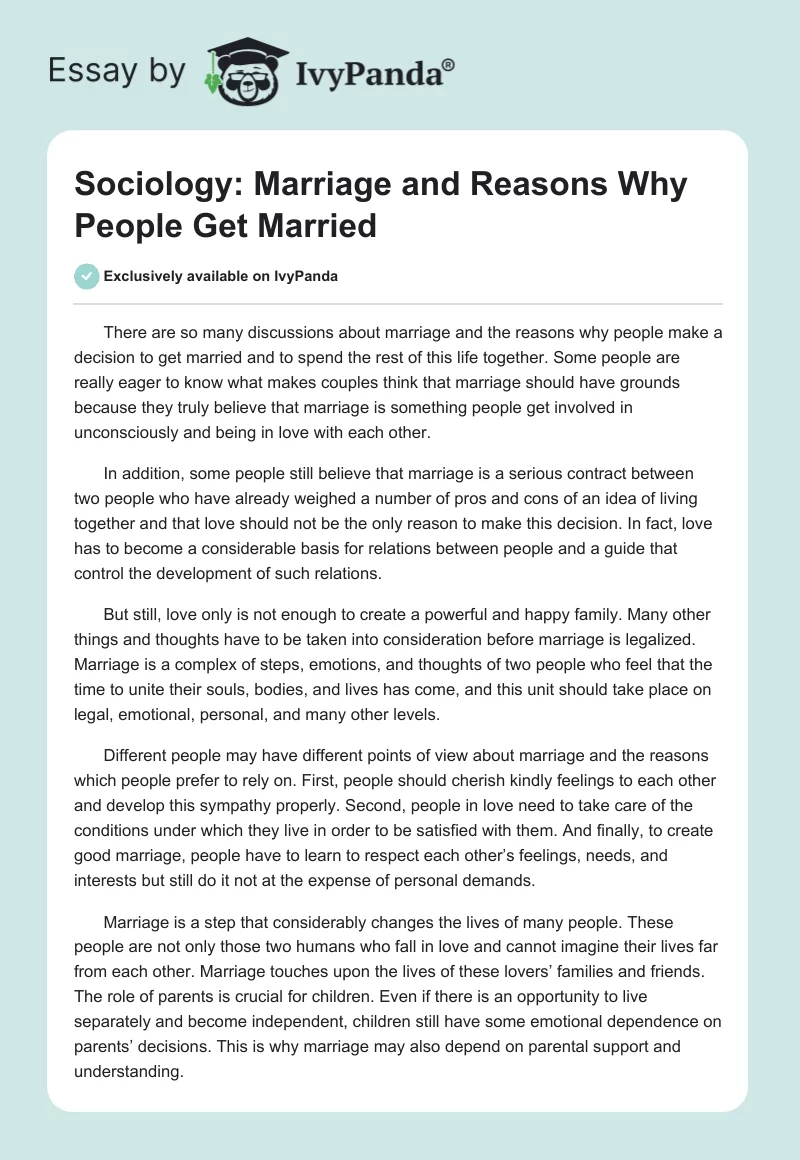 Sociology: Marriage and Reasons Why People Get Married. Page 1