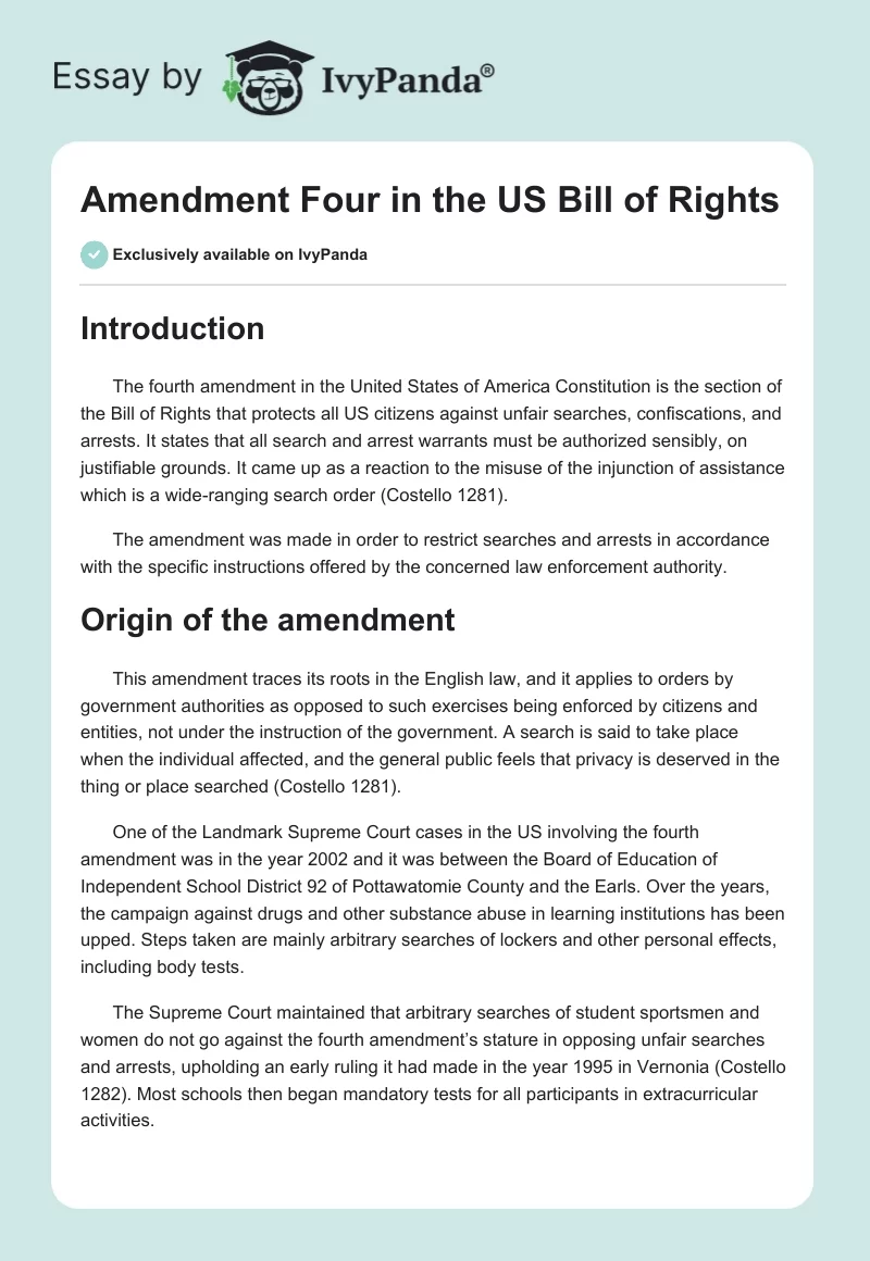Amendment Four in the US Bill of Rights. Page 1