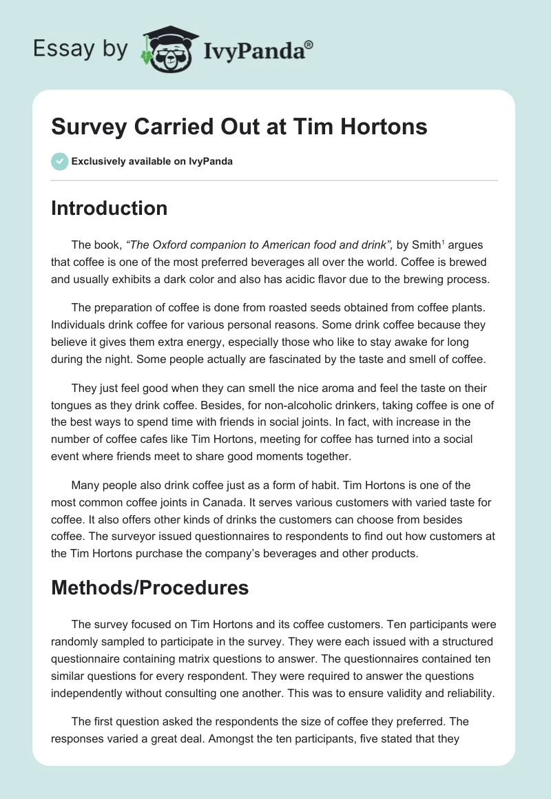Survey Carried Out at Tim Hortons. Page 1