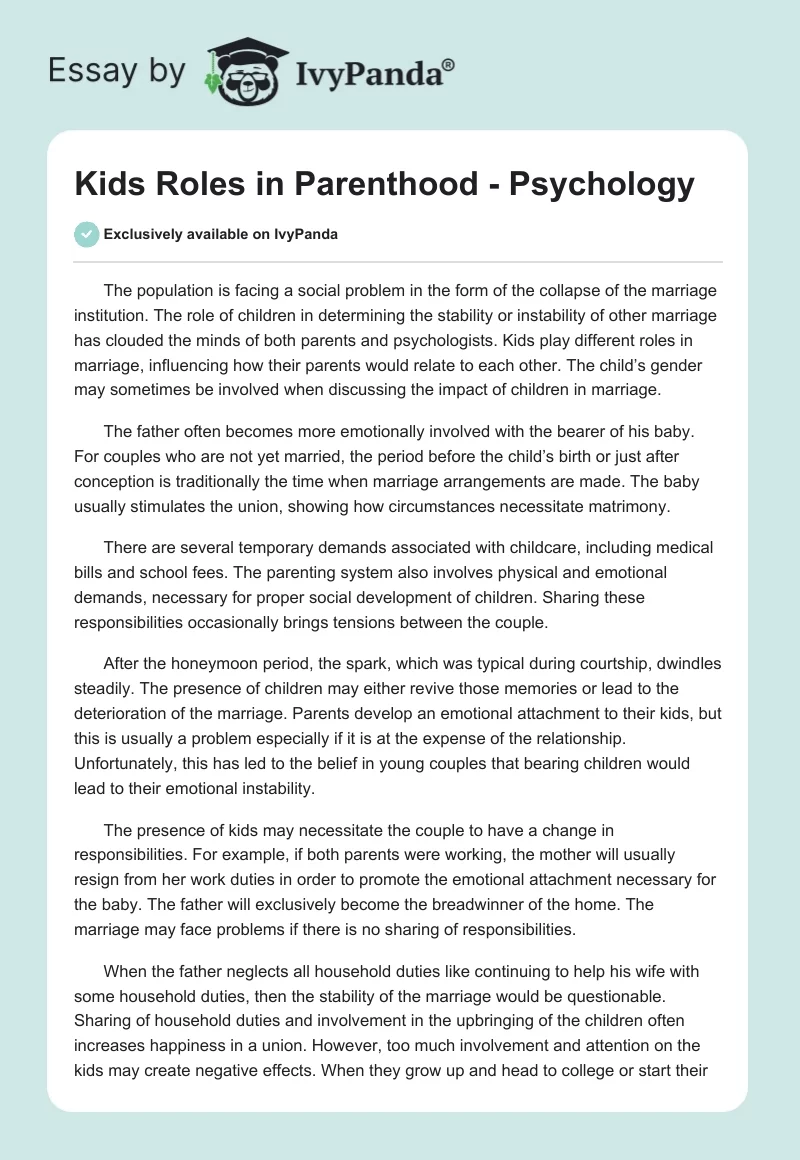 Kids Roles in Parenthood - Psychology. Page 1