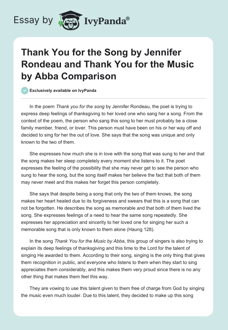 "Thank You for the Song" by Jennifer Rondeau and "Thank You for the Music" by Abba Comparison. Page 1