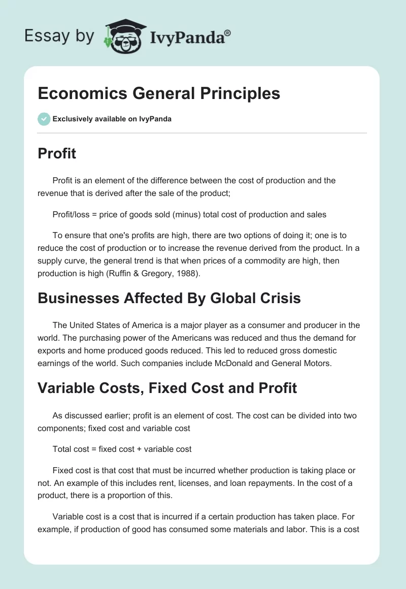 Economics General Principles - 688 Words | Essay Example