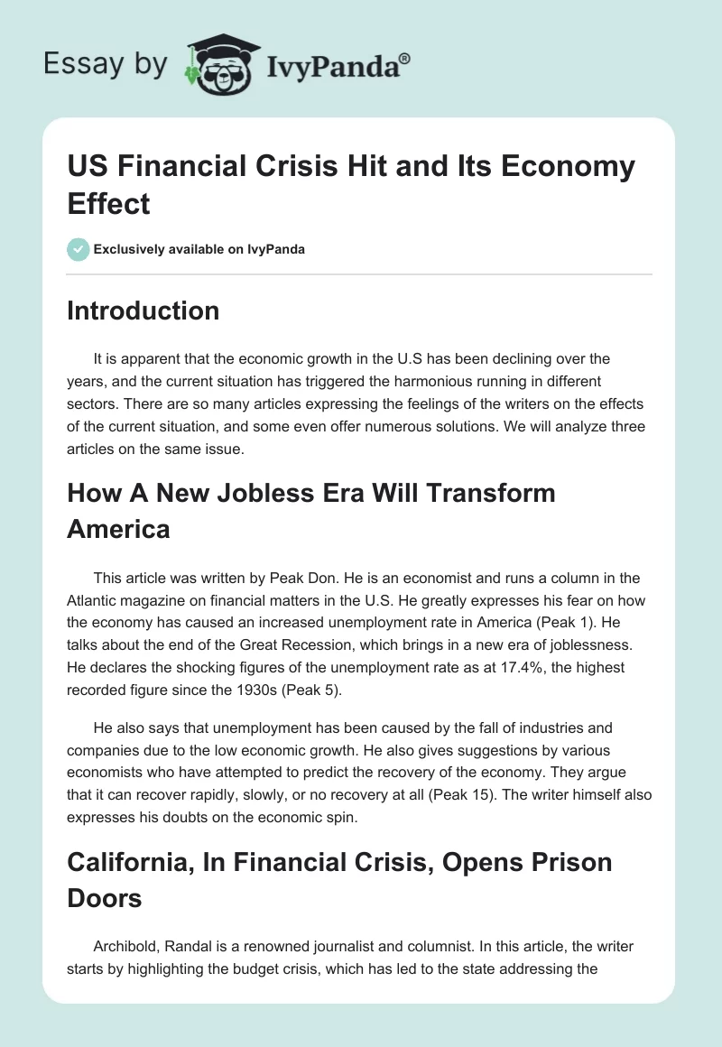 US Financial Crisis Hit and Its Economy Effect. Page 1