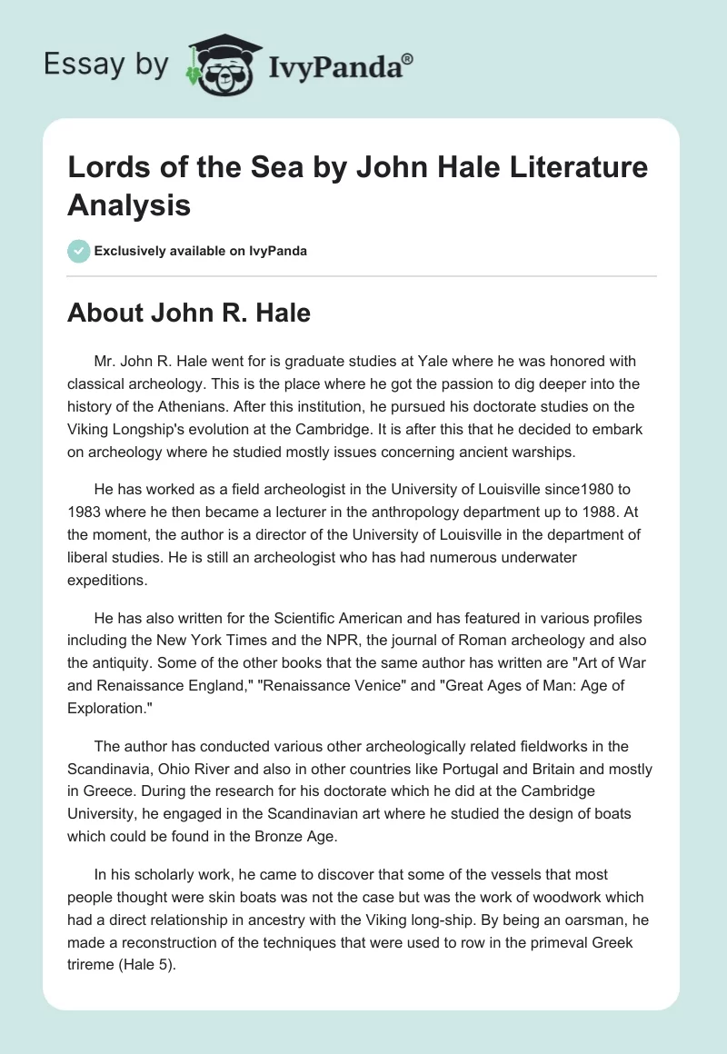 "Lords of the Sea" by John Hale Literature Analysis. Page 1