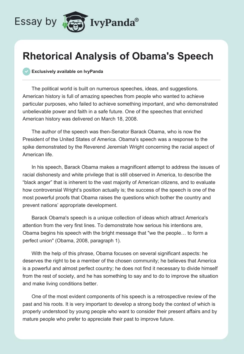 Rhetorical Analysis of Obama's Speech. Page 1
