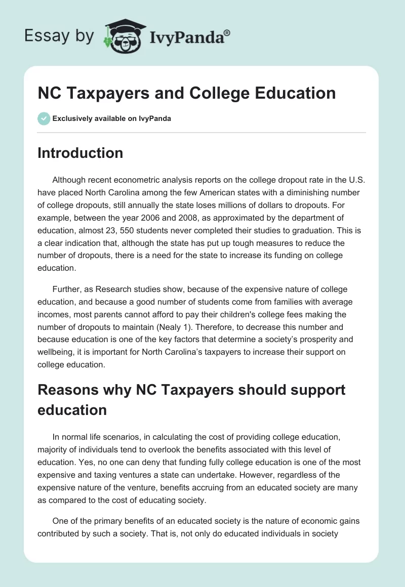 NC Taxpayers and College Education. Page 1