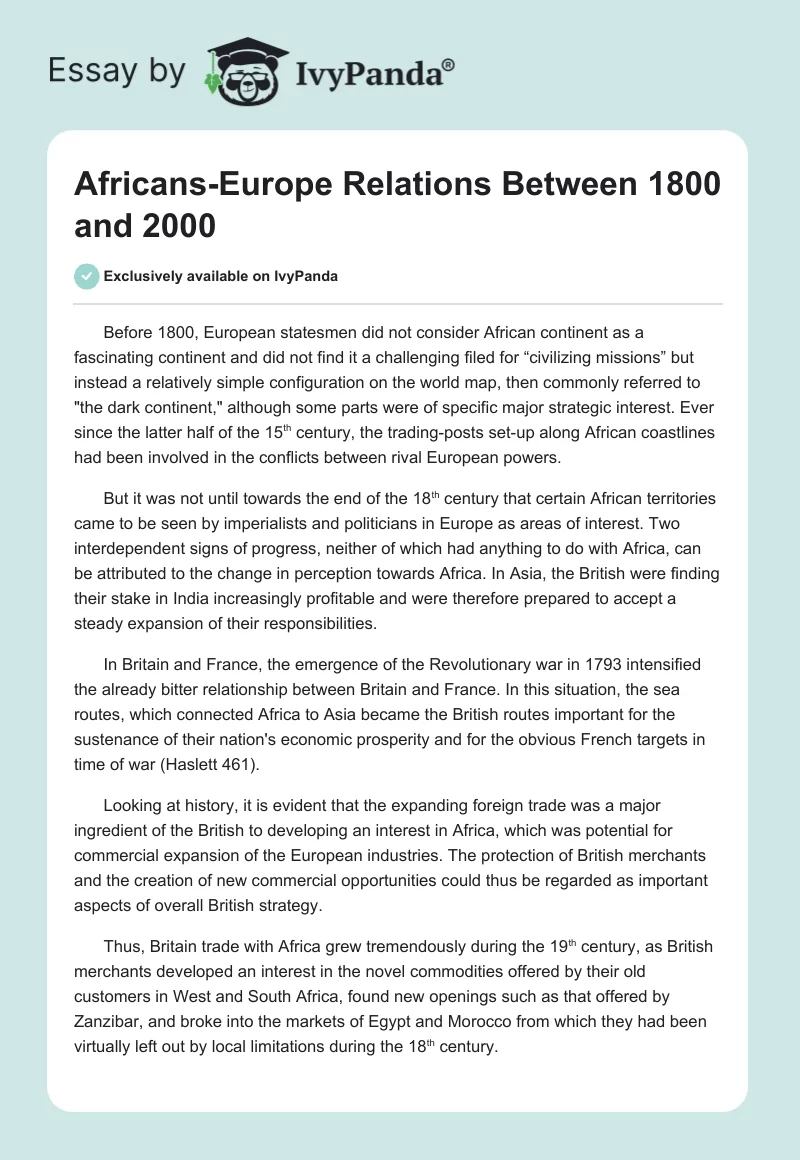 Africans-Europe Relations Between 1800 and 2000. Page 1