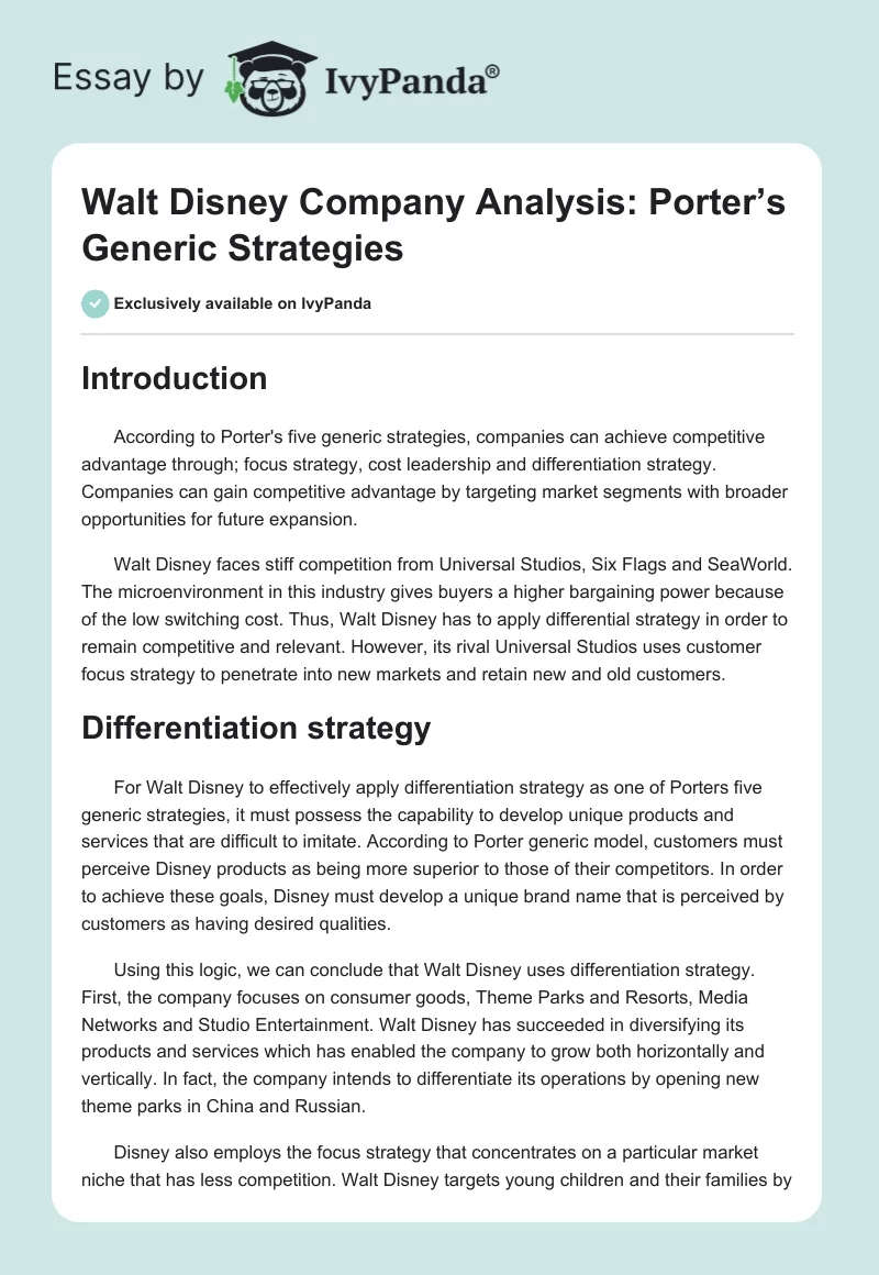Walt Disney Company Analysis: Porter’s Generic Strategies. Page 1