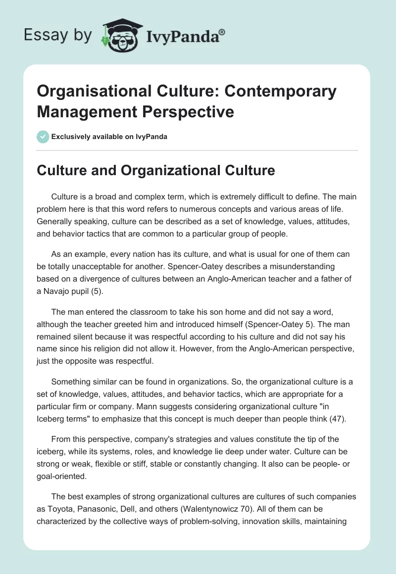 Organisational Culture: Contemporary Management Perspective. Page 1