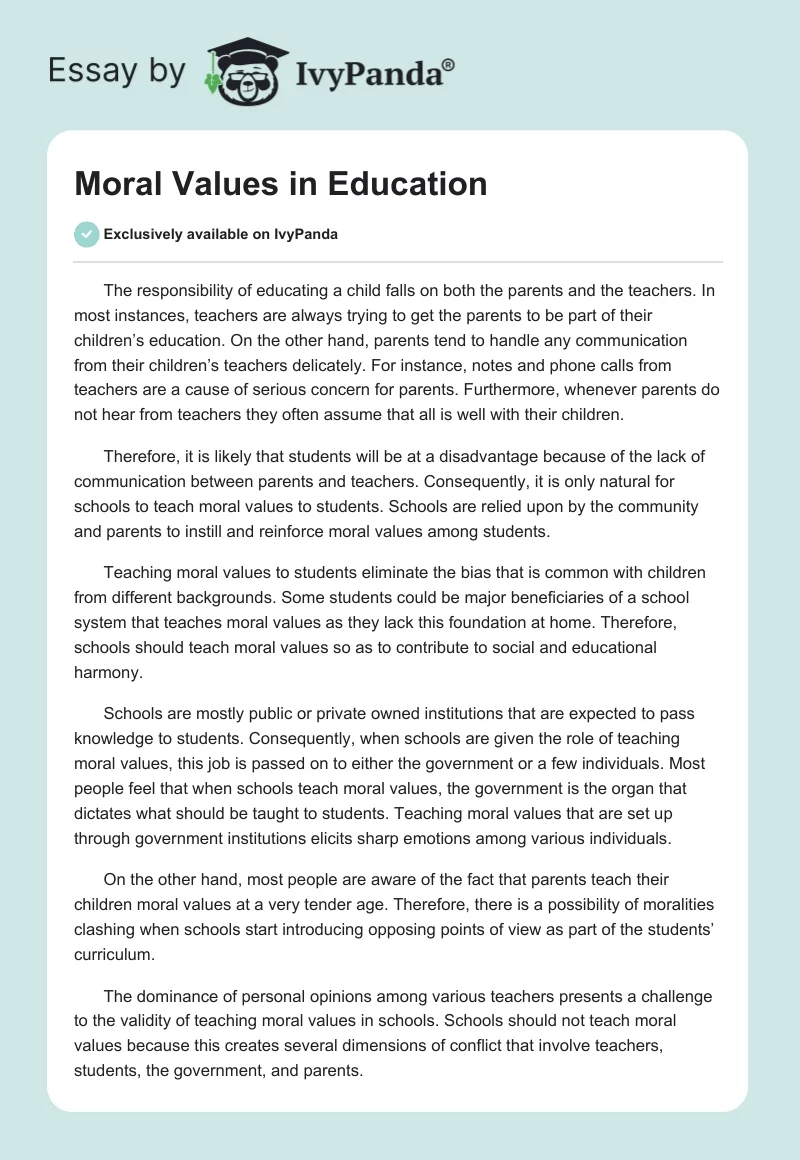 moral values in education essay