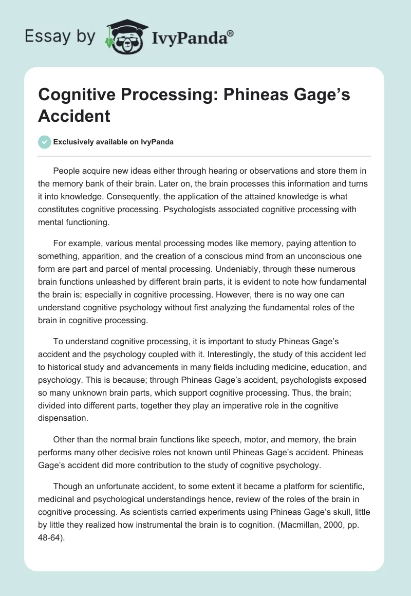 Cognitive Processing: Phineas Gage’s Accident. Page 1