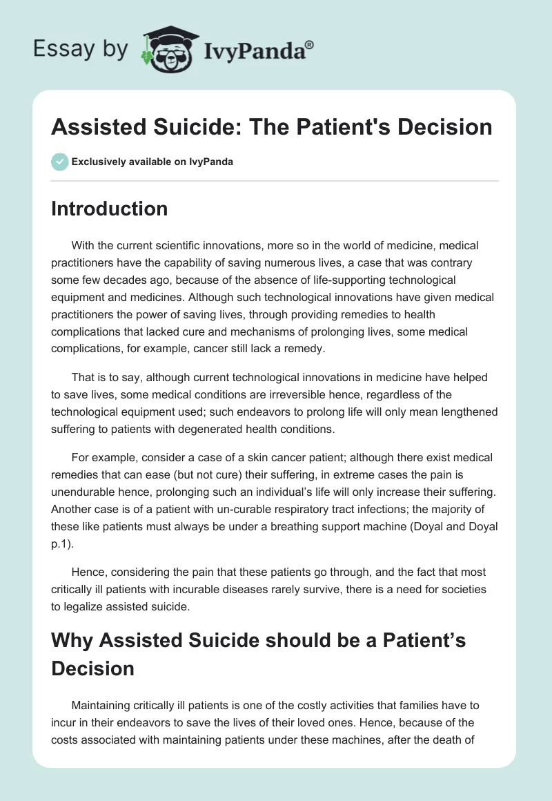 Assisted Suicide: The Patient's Decision. Page 1