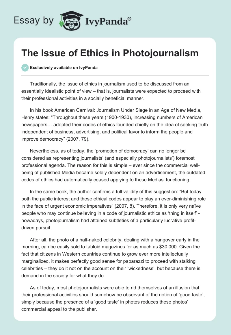 The Issue of Ethics in Photojournalism. Page 1