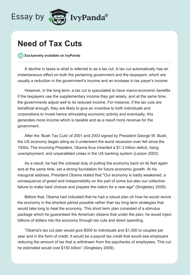 Need of Tax Cuts. Page 1