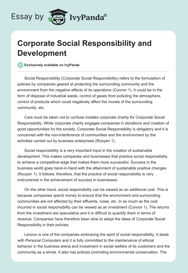 Corporate Social Responsibility and Development. Page 1