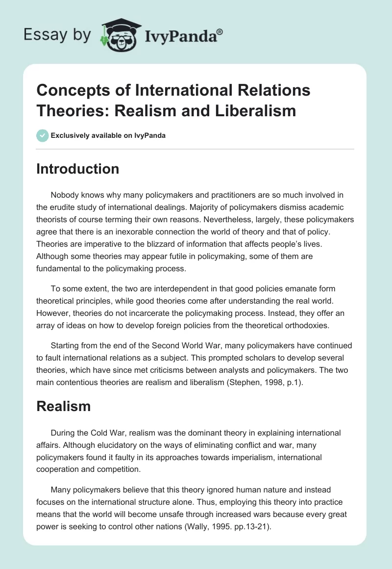 Concepts of International Relations Theories: Realism and Liberalism. Page 1