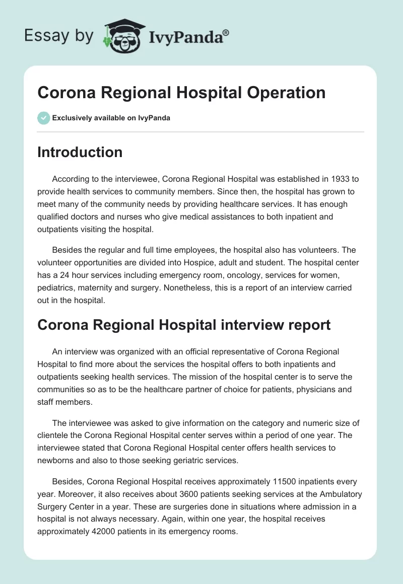 Corona Regional Hospital Operation. Page 1