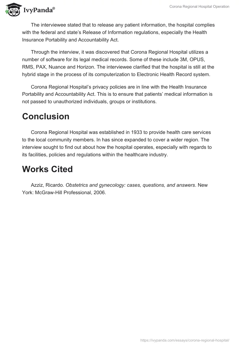 Corona Regional Hospital Operation. Page 4
