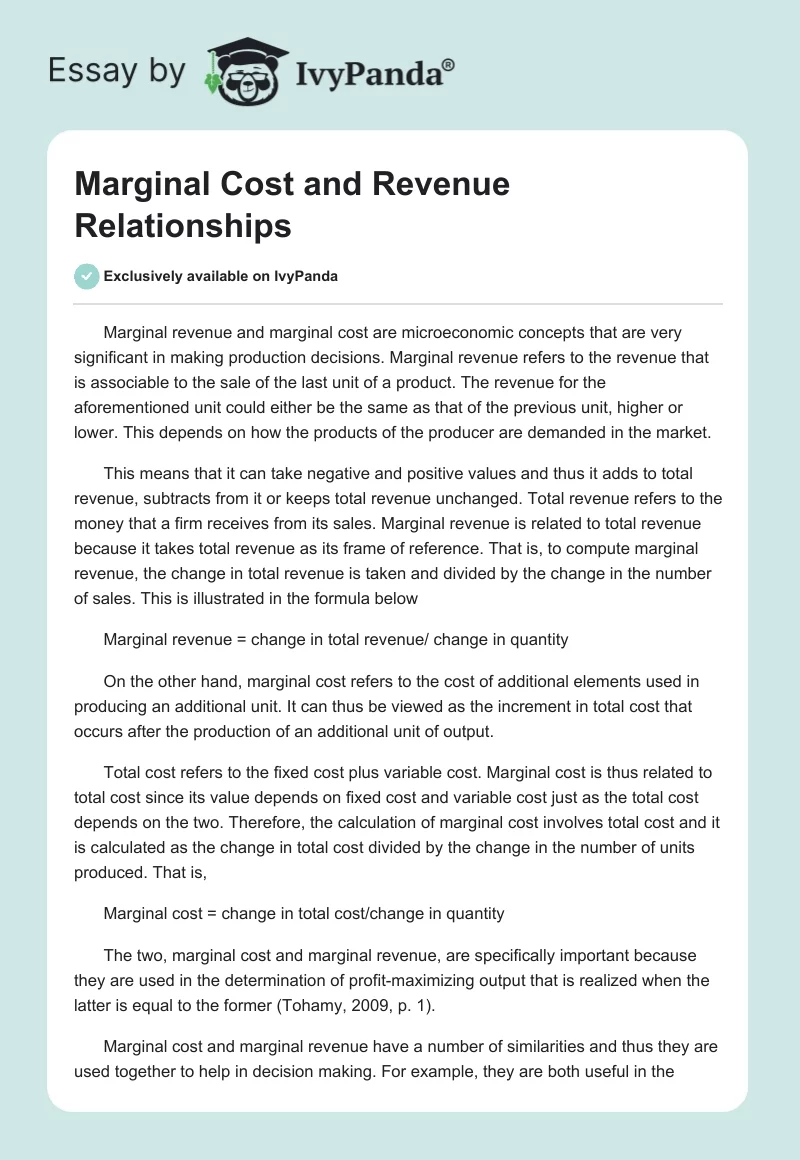 Marginal Cost and Revenue Relationships. Page 1