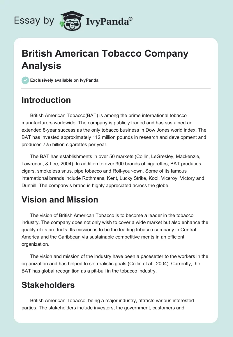 British American Tobacco Company Analysis. Page 1