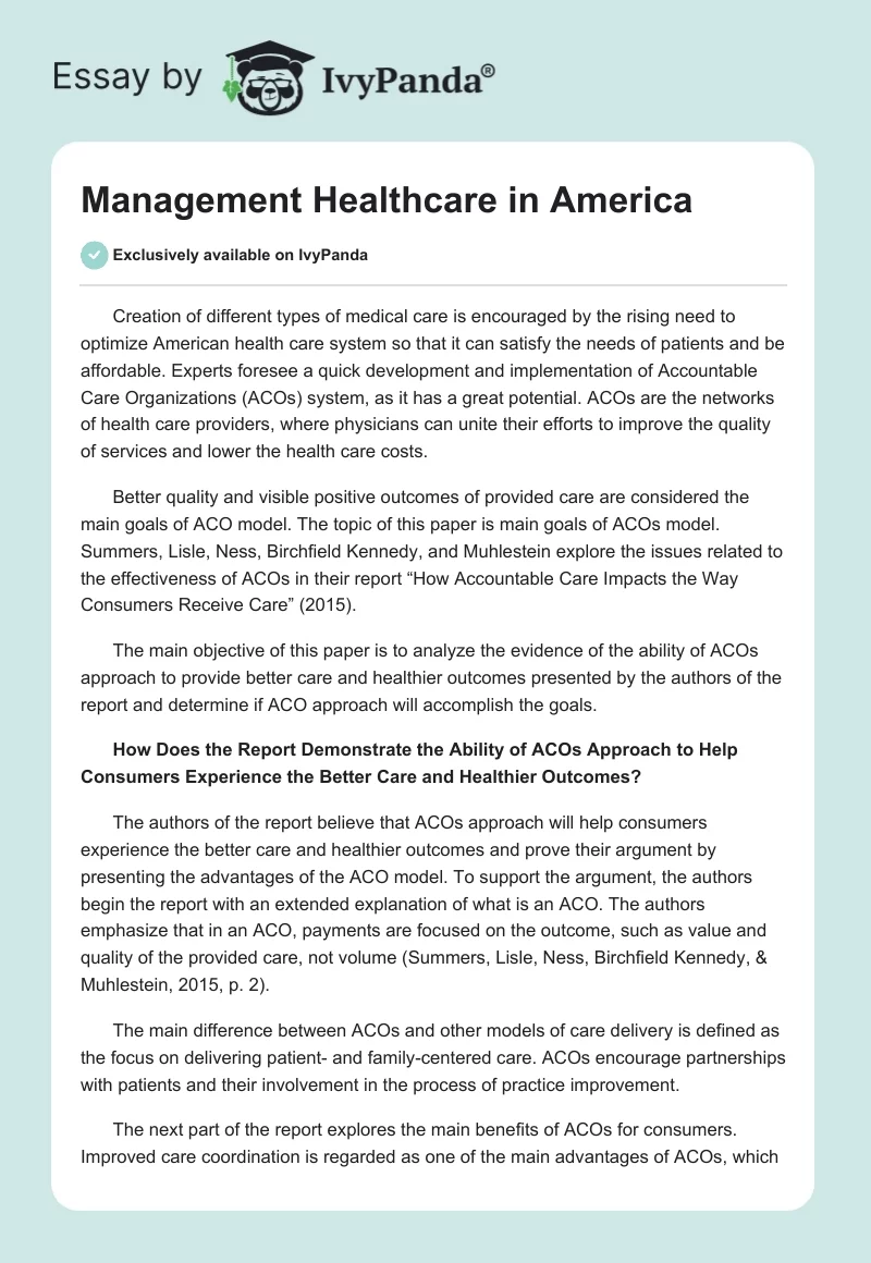 Management Healthcare in America. Page 1