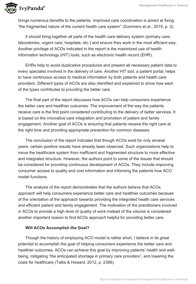 Management Healthcare in America. Page 2