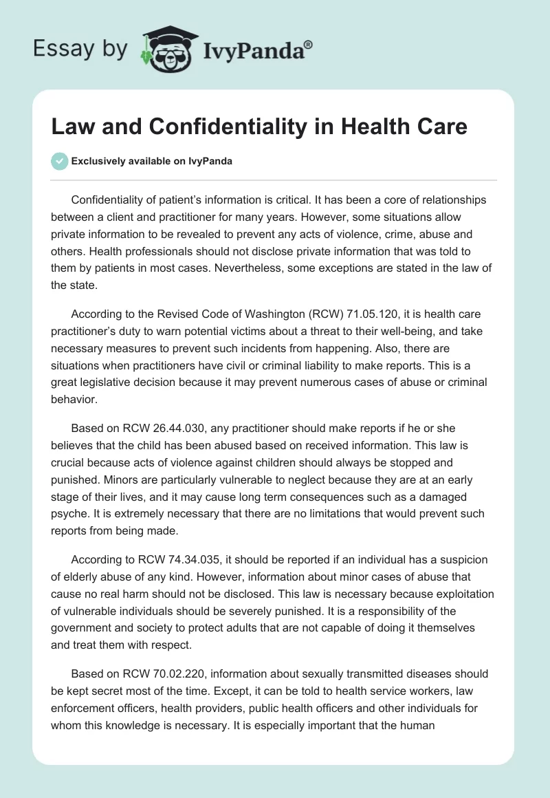 Law and Confidentiality in Health Care. Page 1