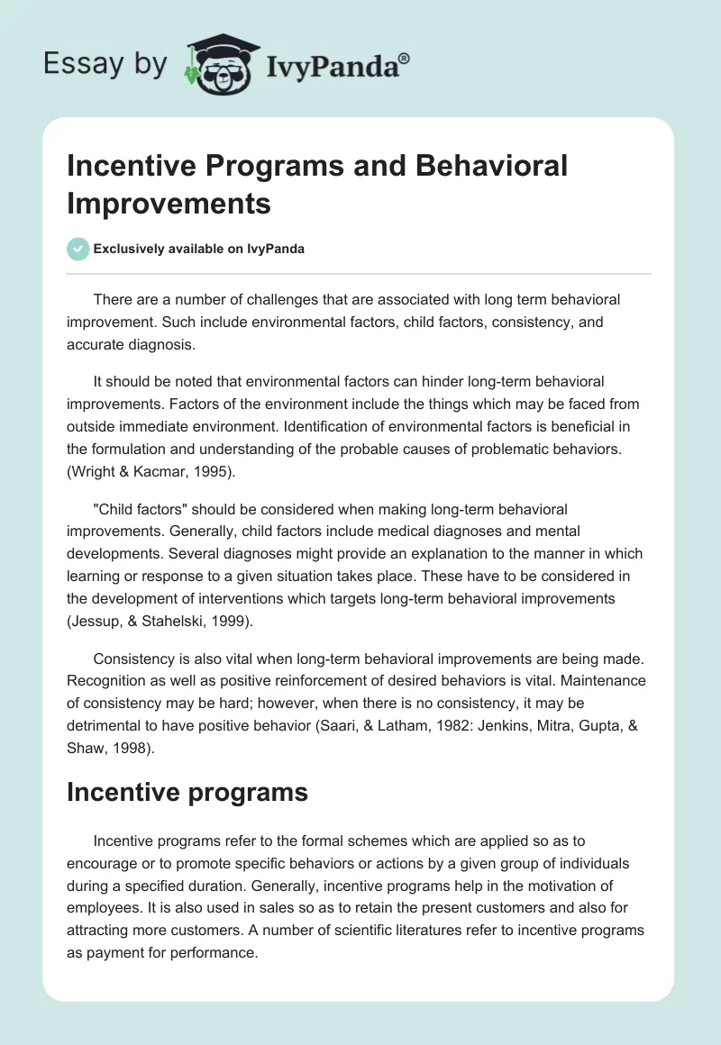 Incentive Programs and Behavioral Improvements. Page 1