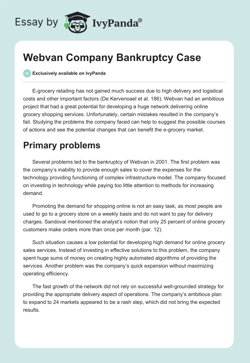 Webvan Company Bankruptcy Case. Page 1