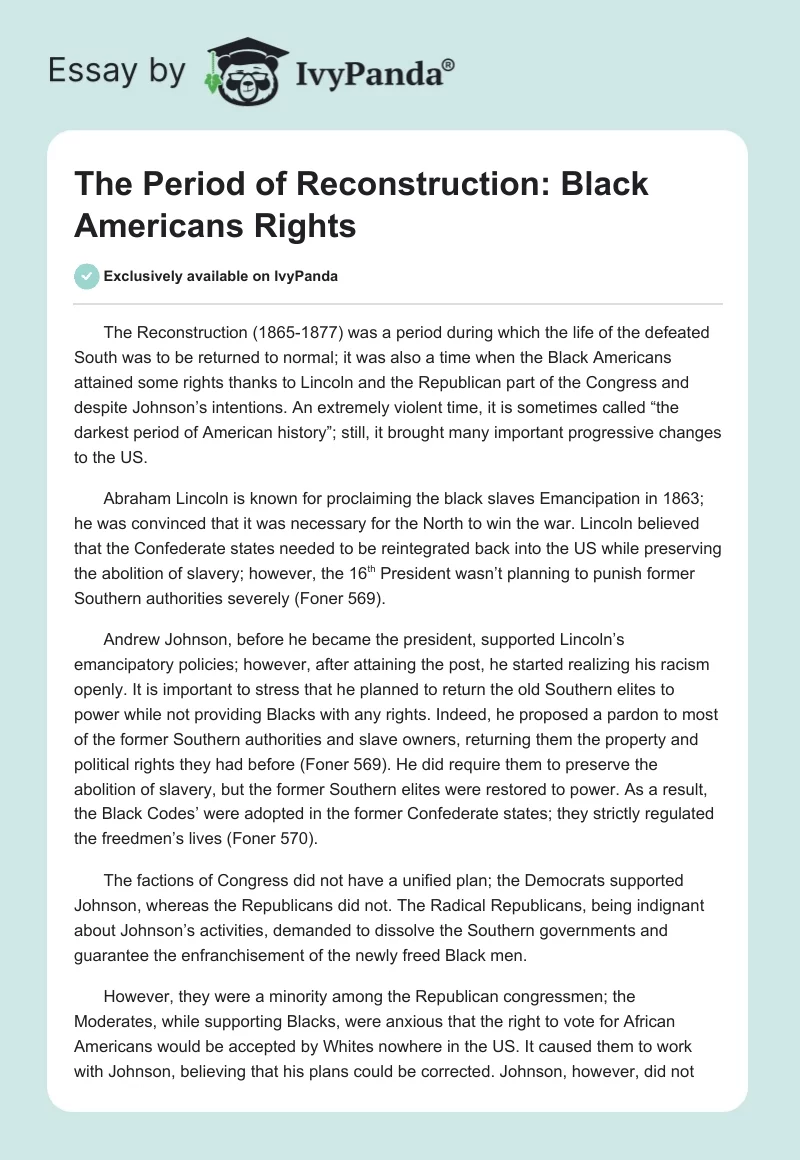The Period of Reconstruction: Black Americans Rights. Page 1