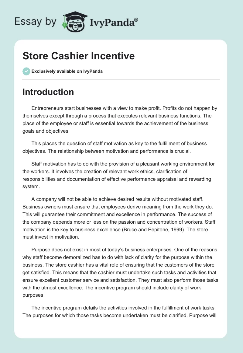 Store Cashier Incentive. Page 1
