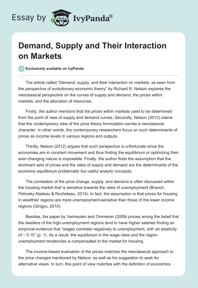 Demand, Supply and Their Interaction on Markets. Page 1