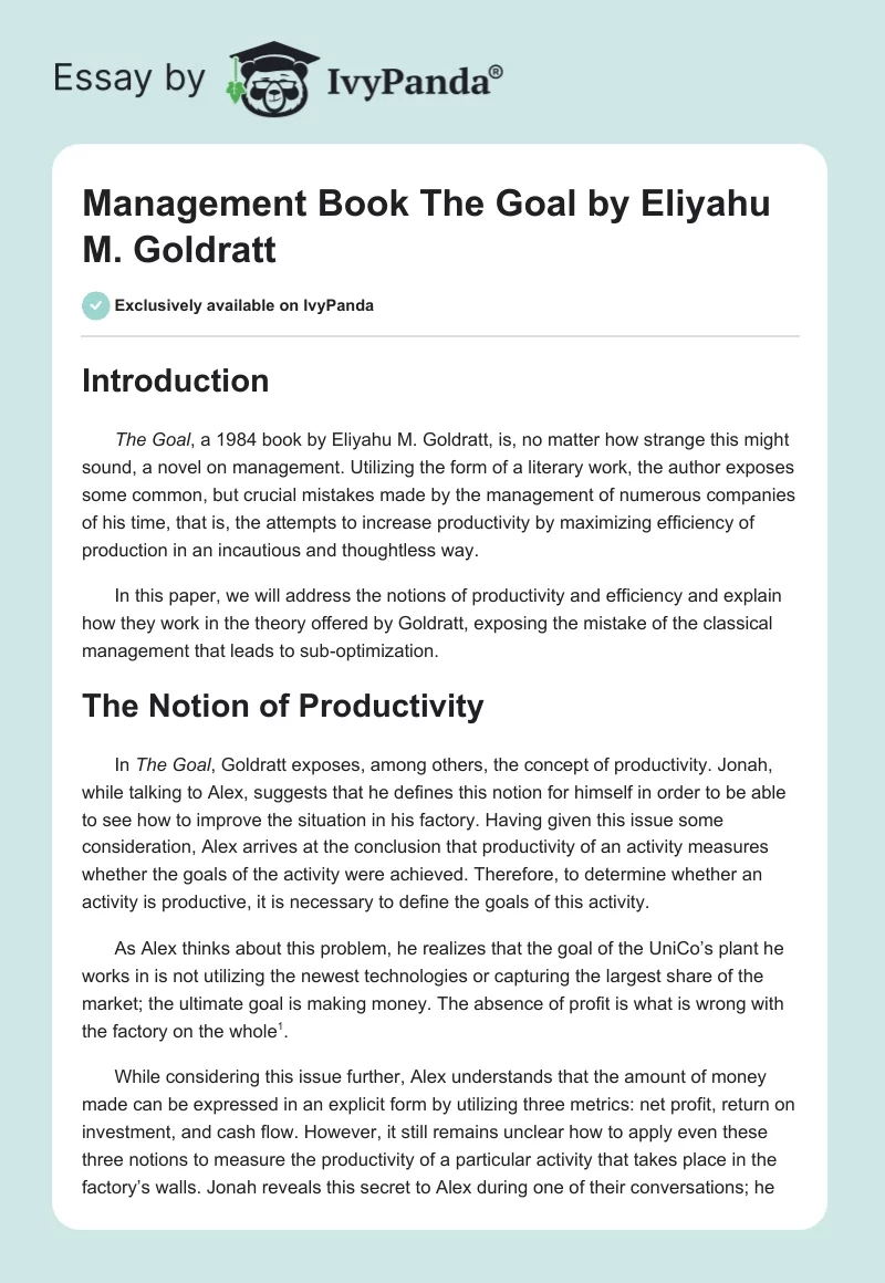 Management Book "The Goal" by Eliyahu M. Goldratt. Page 1